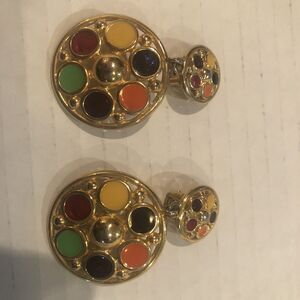 clip on earring ] gold tone flower orange blue red vintage circles 1.5 in
